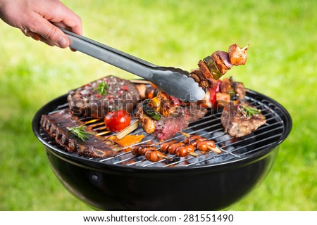 Barbecue grill with various kinds of meat. Placed on grass.