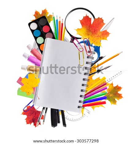 School accessories placed on white background. Concept of education and start of new school year