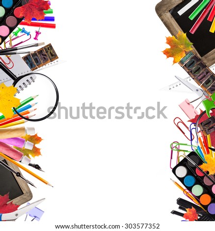 School accessories placed on white background. Concept of education and start of new school year