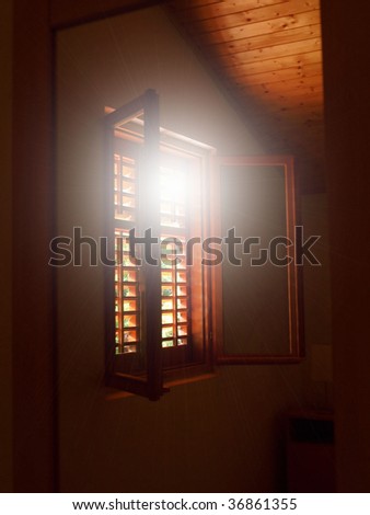 Mirror reflection of wooden window with sunshine