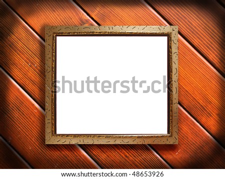 Empty image frame with old wooden blanks on background.Dark grunge design