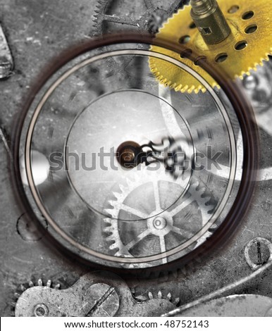 Grunge clock background with time machines tools and motion clock effect