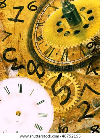Grunge clock background with time machines tools and flying numbers