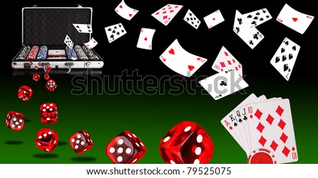 Red dices with  cards flying from poker case