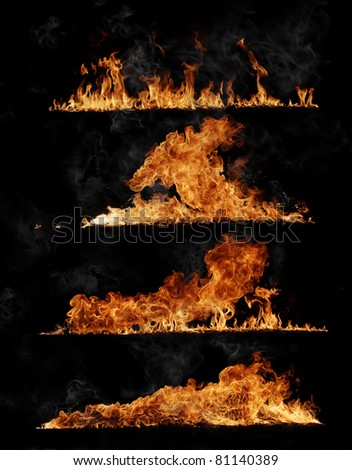 Fire flames collection, isolated on black background