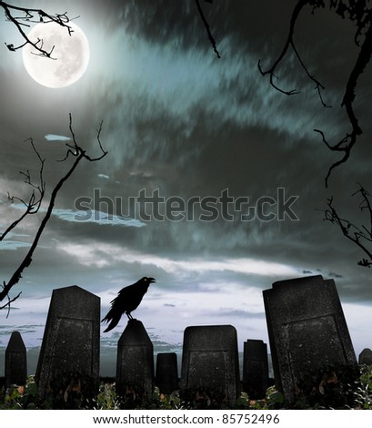 Dark cemetery with raven silhouette