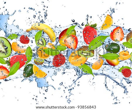 Fresh fruits falling in water splash, isolated on white background