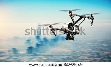 Drone flying aboveDubai city panorama in blur motion