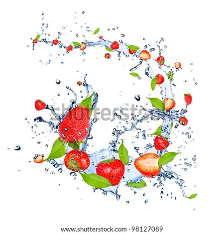 Fresh strawberries falling in water splash, isolated on white background