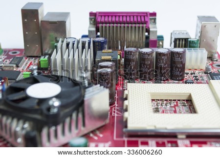 dirty electronic circuit board, Electronic circuit board with processor, close up. selective focus image