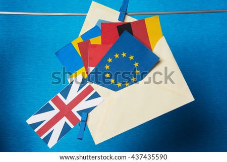 Flags of European Union (flags of different countries  eurozone) and United Kingdom, Brexit UK EU referendum concept. placard for text