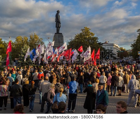 Odessa, Ukraine-Sept. 27-  People speak and Flags fly in protest and support of Ukrainian Independence on September 27, 2013