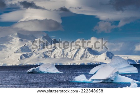 Crisp, clean snow covers mountains near Niko Bay in Antarctica