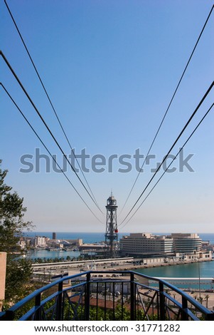 View from the cable car going across from Montjuic to Barcelona.