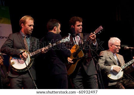 BREVARD, NC - SEPT. 11: The Steep Canyon Rangers perform with surprise guest, comedian Steve Martin (far right) at the bluegrass Mountain Song Festival  on Sept. 11, 2010 in Brevard, NC.