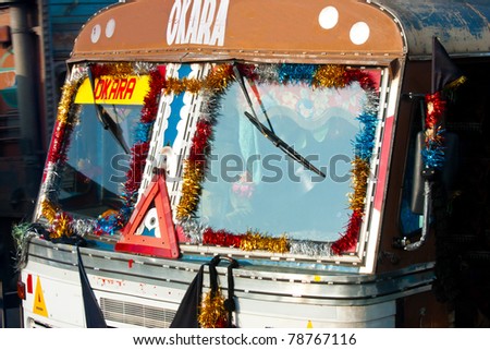 Typical, colorful, decorated public transportation bus in Jaipur, India