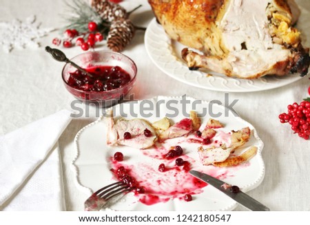 dirty dishes in the Christmas after eating turkey with cranberry sauce. leftover food after the holiday.dirty dishes after christmas.