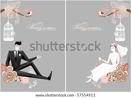 stock vector wedding invitationBride and groom are sitting on flower 