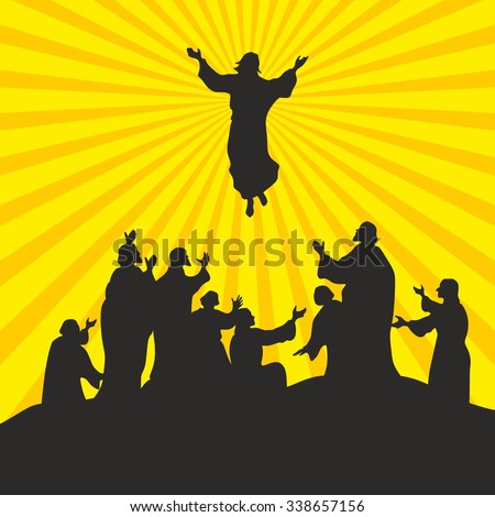 Illustration of the ascension of Jesus Christ. The apostles look at his teacher.