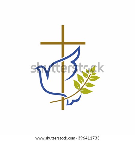 Church logo. Christian symbols. Cross, dove and olive branch.