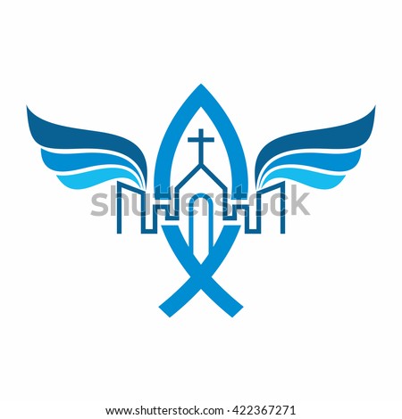 Church logo. The unity of the Church in Christ, city and angel's wings.