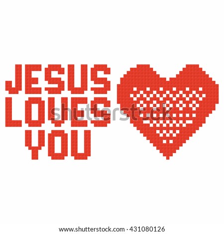 Christian art. Colorful interlocking plastic bricks, plastic construction. Jesus loves you.