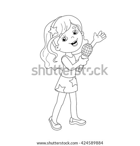 Coloring Page Outline Of Cartoon Girl Singing A Song. Coloring Book For