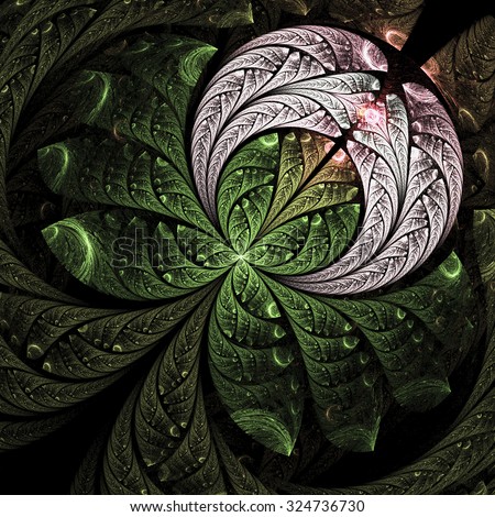 Abstract rosebud with water drops. Computer-generated fractal in emerald green and rose colors.