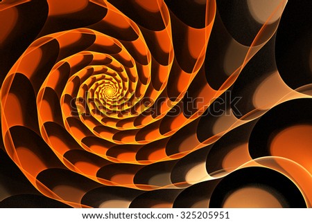 Abstract orange textured spiral on black background. Computer-generated fractal in yellow, orange and brown colors.