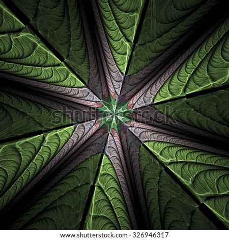 Green and rose leaves on black background. Abstract floral texture. Computer-generated fractal image.
