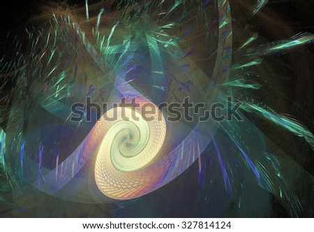 Space paths. Abstract psychedelic spiral on black background. Computer-generated fractal in emerald green, rose, blue, yellow and orange colors.