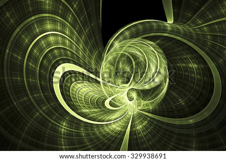 Dark labyrinth. Shining traces on black background. Computer-generated fractal in yellow and green colors.