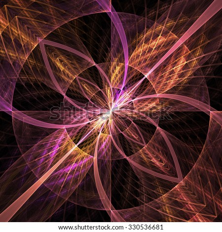 Abstract geometrical ornament on black background. Computer-generated fractal in rose, violet and orange colors.
