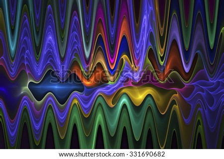 Abstract psychedelic waves on black background. Creative fractal design in rose, green, blue, violet, yellow and orange colors.