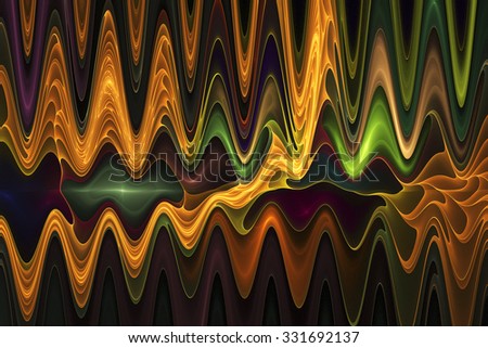 Abstract psychedelic waves on black background. Computer-generated fractal in green, brown, yellow, orange and violet colors.