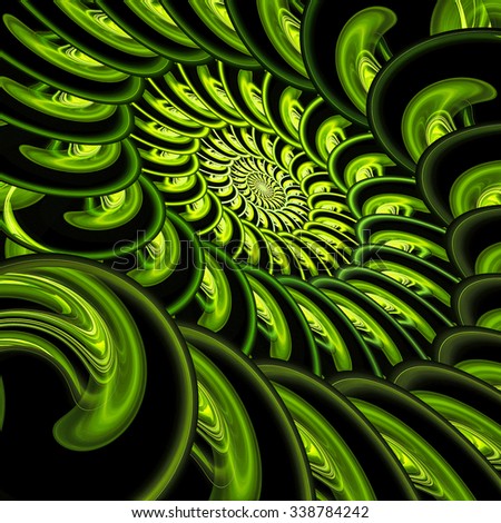 Surreal eyes. Abstract spiral ornament on black background. Computer-generated fractal in green and yellow colors.