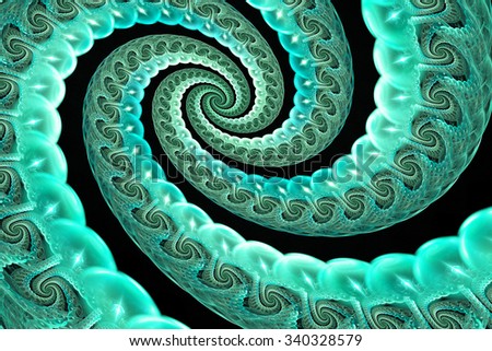 Abstract glowing spiral on black background. Computer-generated fractal in blue and turquoise colors.