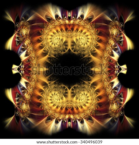 Abstract fantasy ornament on white background. Symmetrical pattern. Computer-generated fractal in white, red, orange, yellow and violet colors.