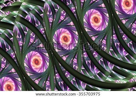 Stylized roses. Abstract fantasy ornament on black background. Computer-generated fractal in beige, green, rose and violet colors.