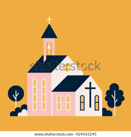 Vector illustration - christian church concepts. Big church and trees in flat style. City religion building.