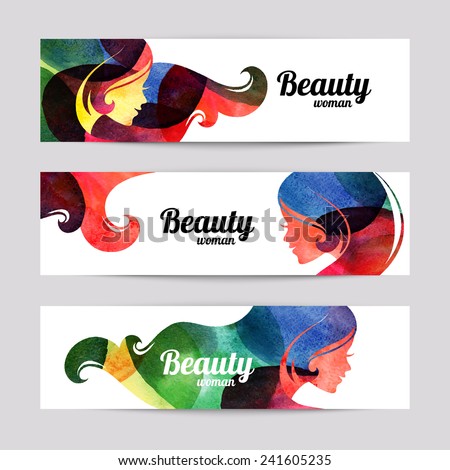 Set of banners with watercolor beautiful girl silhouettes. Vector illustration of woman beauty salon design