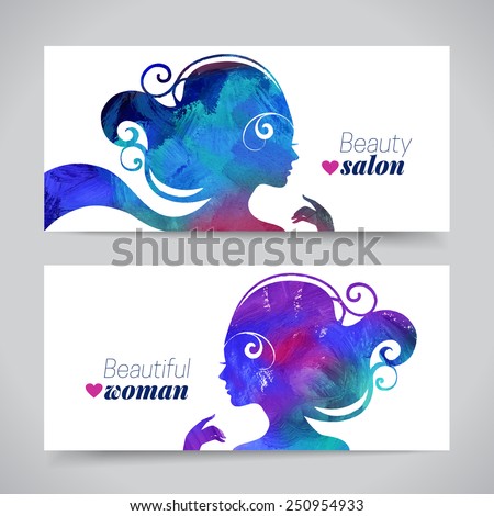 Set of banners with acrylic beautiful girl silhouettes. Vector illustration of painting woman beauty salon design
