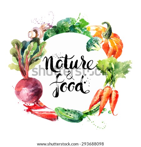 Eco food menu background. Watercolor hand drawn vegetables. Vector illustration