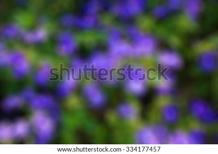 Abstract background blurred bokeh purple flowers, green lawn behind the house.