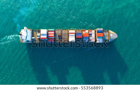 container,container ship in import export and business logistic.By crane ,Trade Port , Shipping.cargo to harbor.Aerial view.Water transport.International.Shell Marine.Top view.business, logistic..