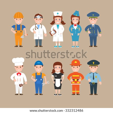Children profession. worker doctor nurse stewardess pilot cook mechanic waitress fireman policeman