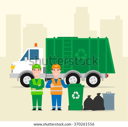 Garbage Collection .garbage Truck Garbage Man In Uniform Waste Bag 