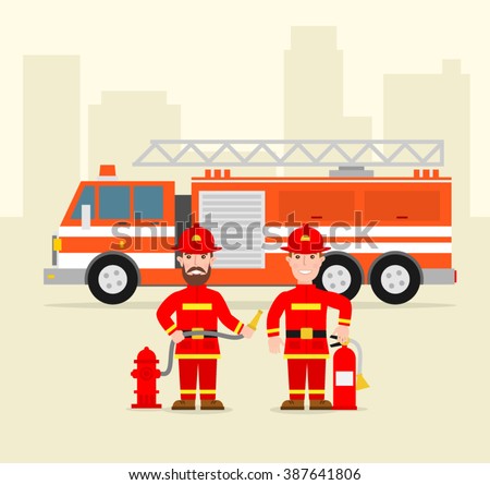 fireman firefighter in uniform with water hose fire extinguisher fire truck . firefighting concept illustration.