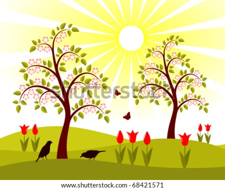 vector landscape with flowering trees, tulips, birds and butterflies