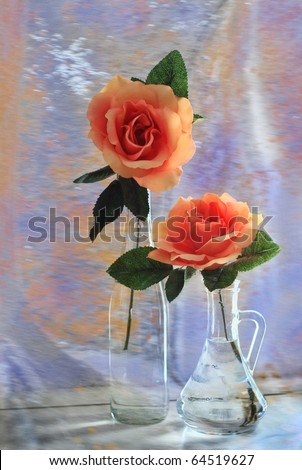 Montage of two roses in glass vases against an abstract background. Part of series/